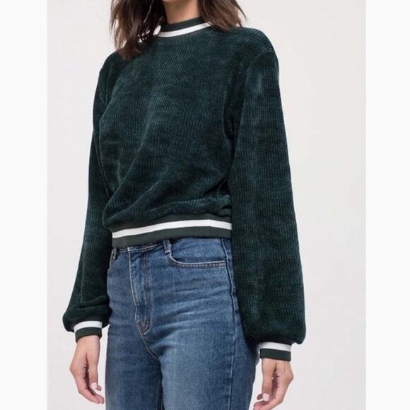 J.O.A Sweaters - NWT JOA Varsity Pullover Ribbed Velour Sweater in Teal Green Size M Retro Sporty